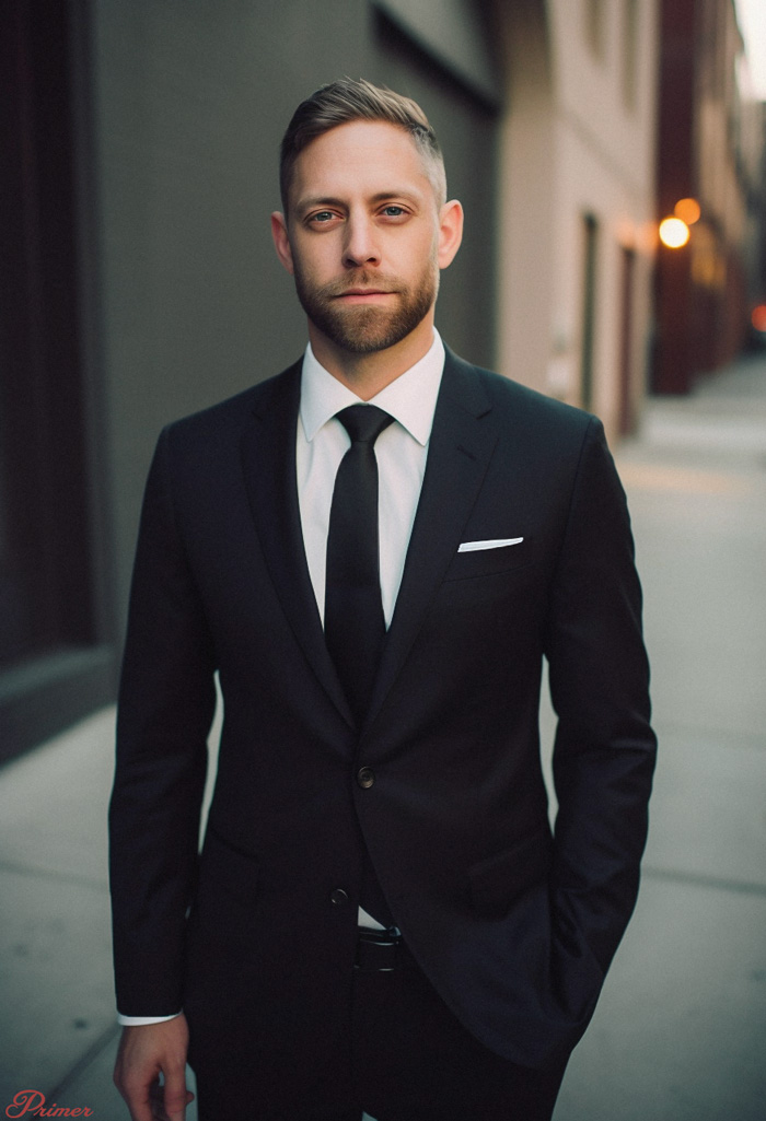 black tie tuxedo alternative: black suit with white shirt and black tie