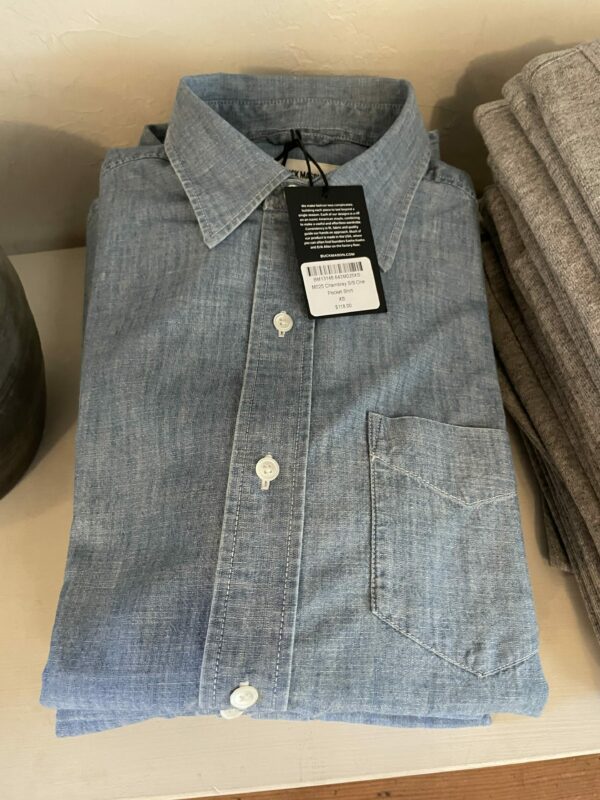 a chambray shirt with one chest pocket
