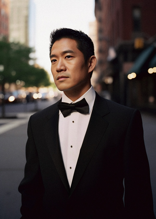 man wearing a fauxedo: black suit with tuxedo shirt and bow tie