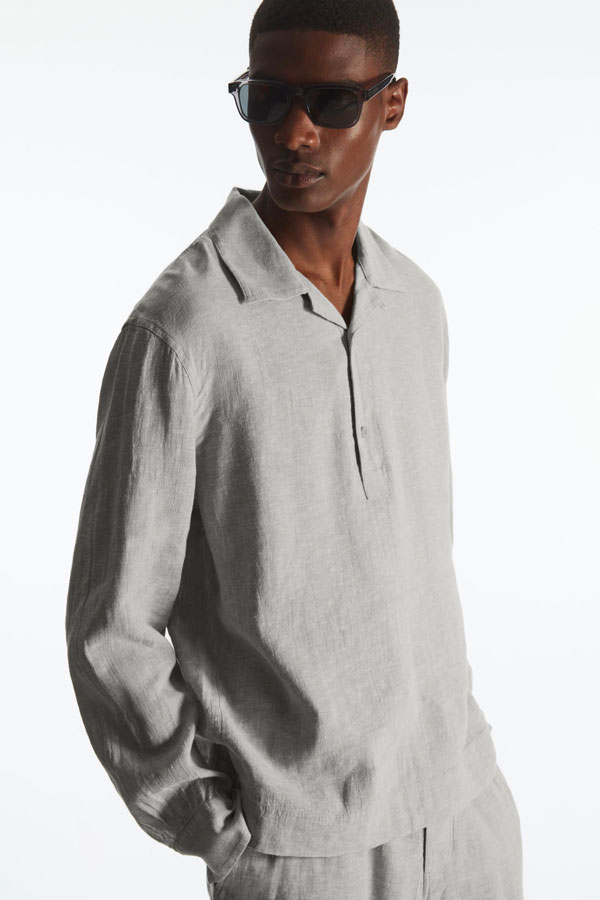 long sleeve linen blend polo shirt