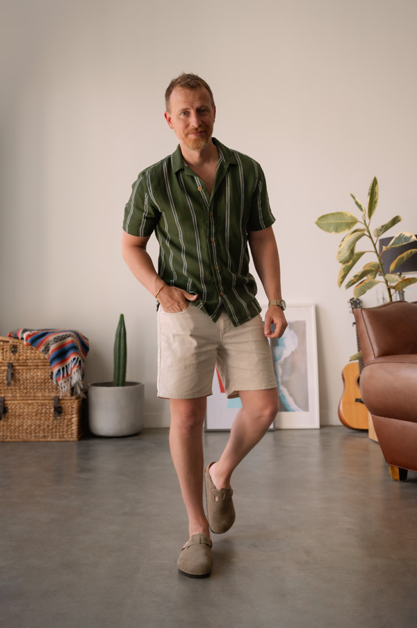 mens outfit with shorts and birkenstock boston
