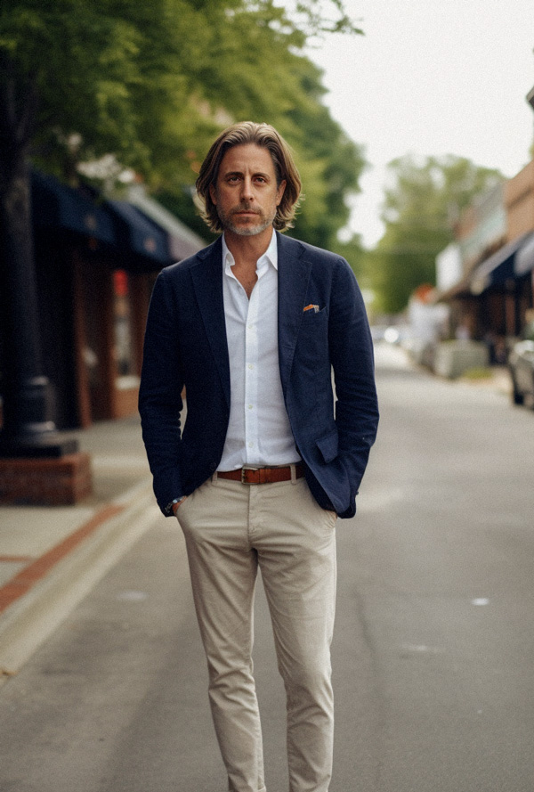 a man wearing a navy blazer over an oxford shirt and khaki pants