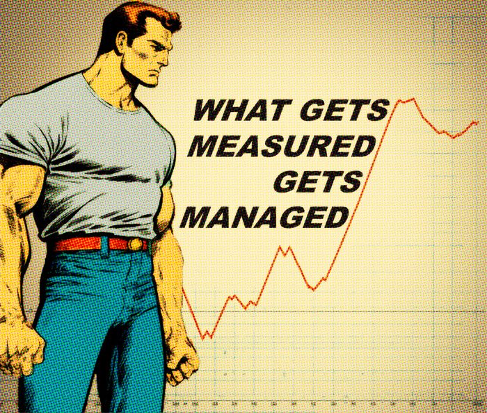 graphic inset with text that says what gets measured gets managed with a comic book man standing in front of an increasing line graph