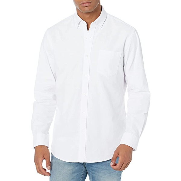 a man wearing a long sleeve button front oxford style shirt