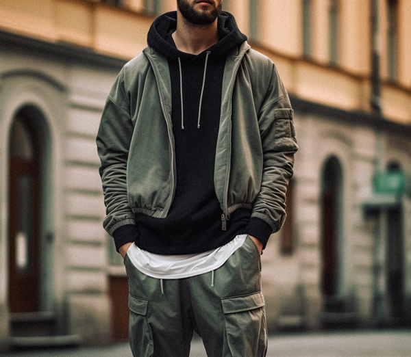 streetstyle outfit with a short jacket, hoodie, and long t-shirt