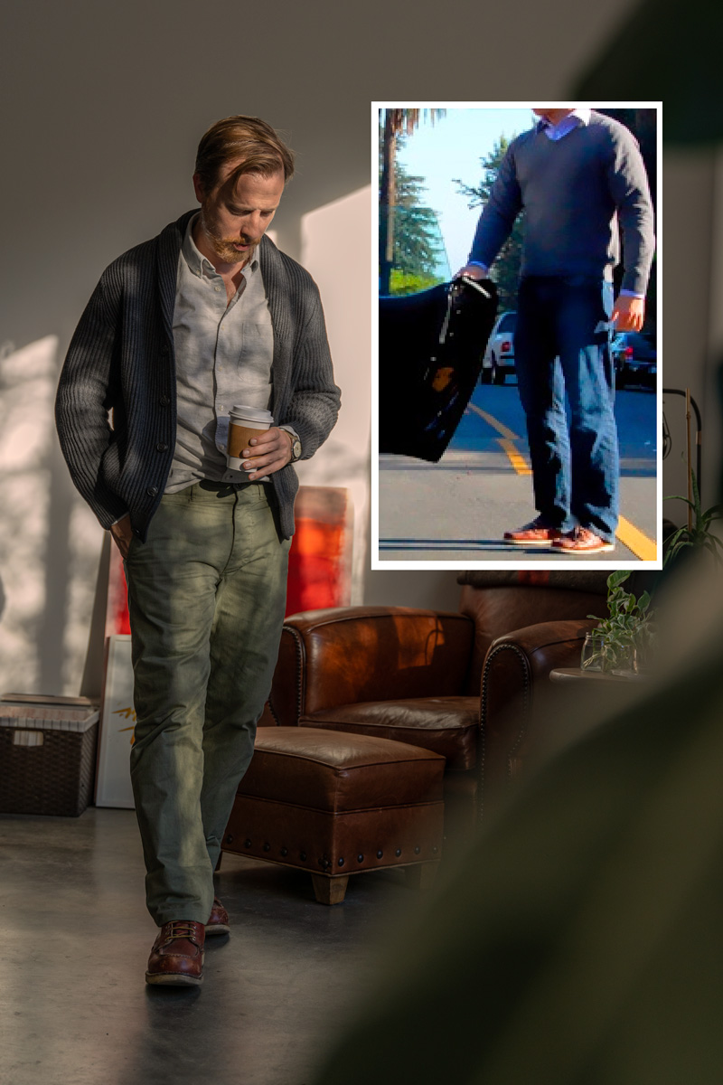 now and then photo of a man wearing sweater, button up shirt and pants as a semi-casual outfit