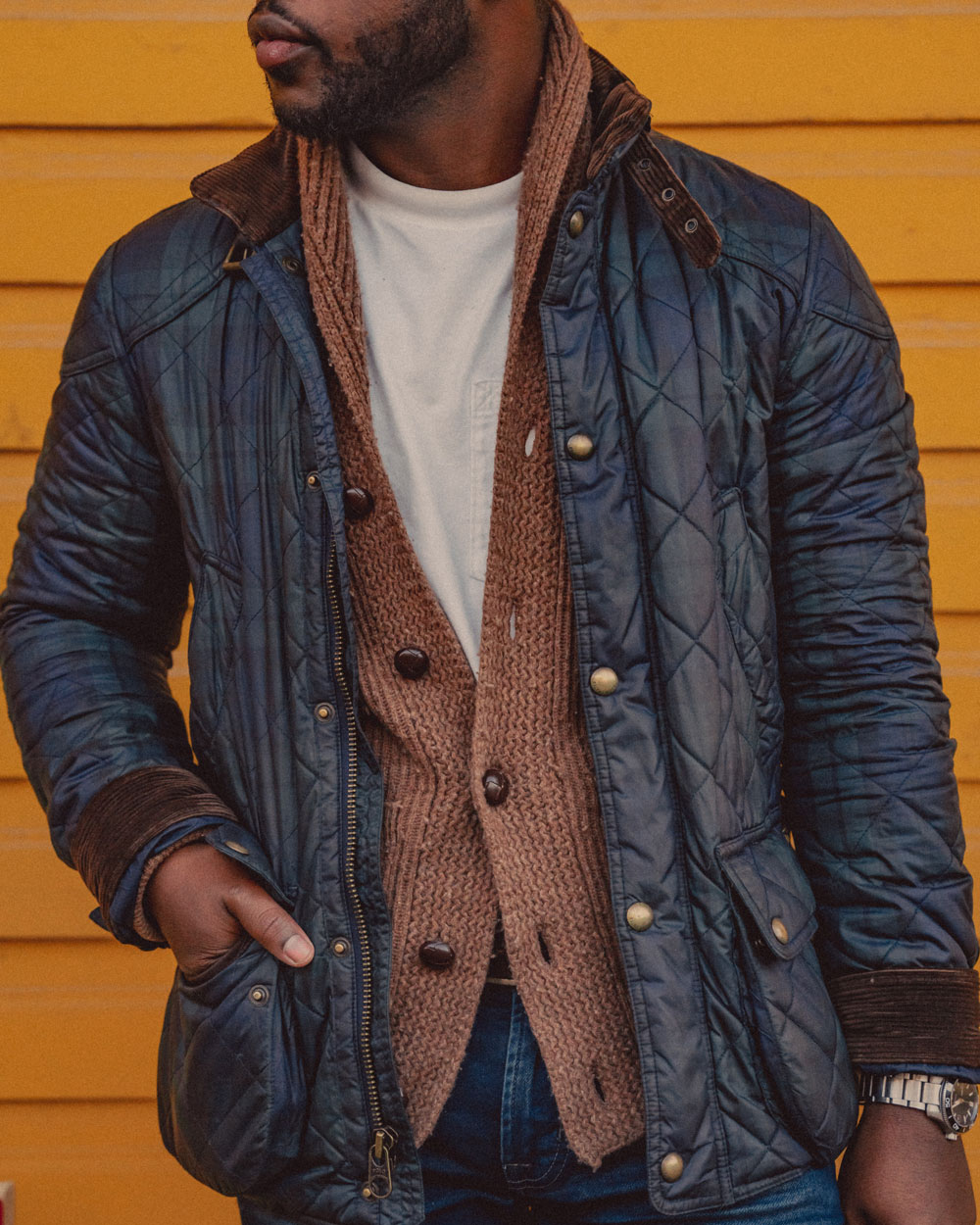 color and texture hierarchy with a white t-shirt, brown knit sweater, and tartan quilted jacket