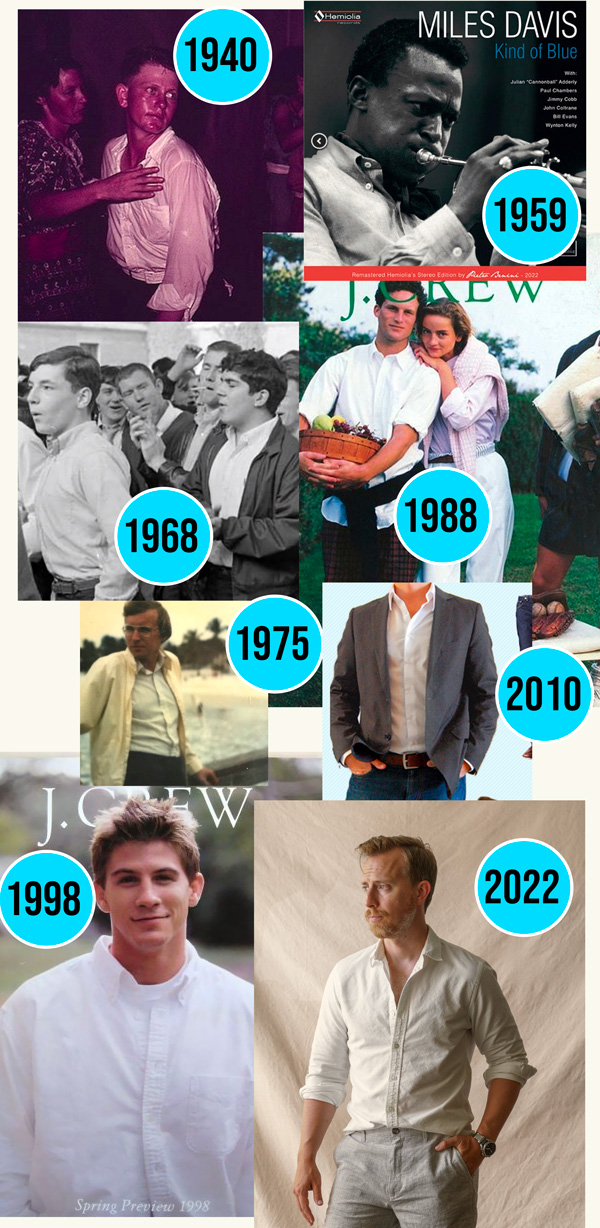 visual timeline of timeless enduring nature of the white button shirt with photos from 1940, 1959, 1968, 1975, 1988, 1998, 2010, and 2022