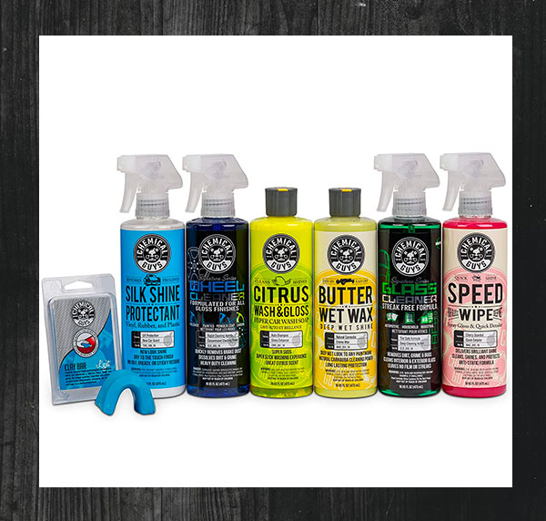 an assortment of car cleaning chemical products