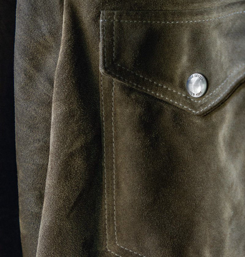 close up of olive suede todd snyder jacket
