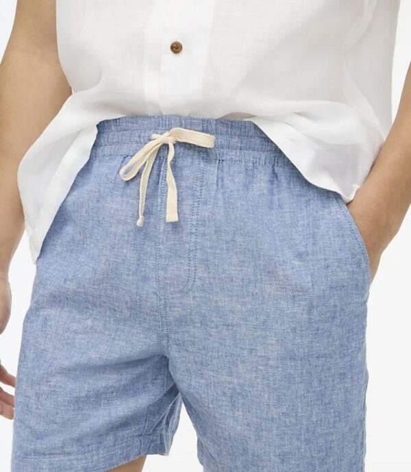close up of drawstring waist linen shorts