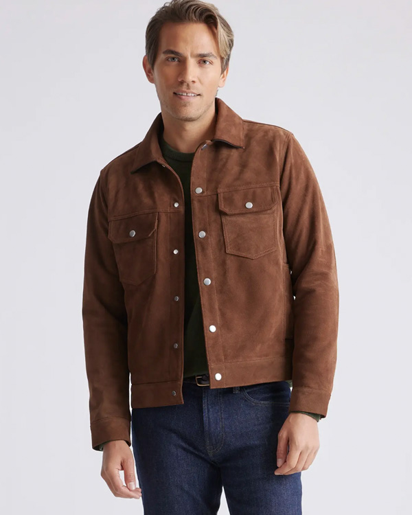 quince suede trucker jacket in brown