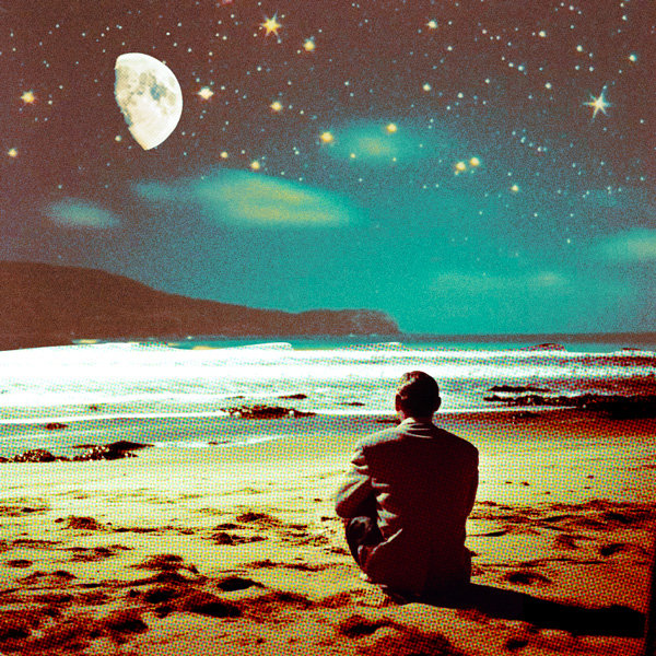 vintage collaged image of man watching stars on the beach