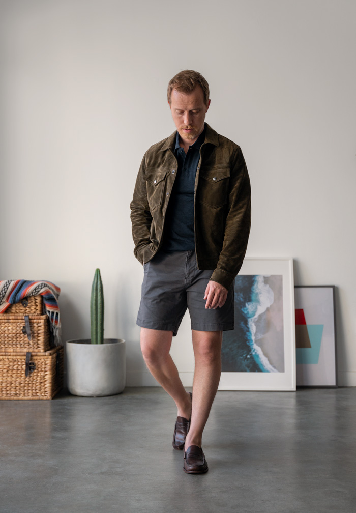todd snyder dylan jacket with shorts, blue polo, shorts, and loafers