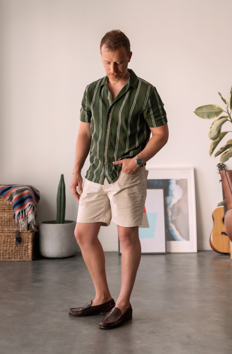 men's summer outfit with green striped short sleeve camp collar shirt, amazon essentials shorts, penny loafers