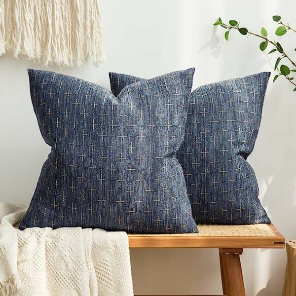 two burlap material decorative pillows