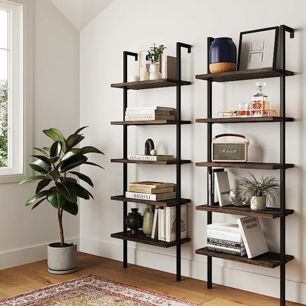 a modern style bookcase with assorted decor items on the shelves