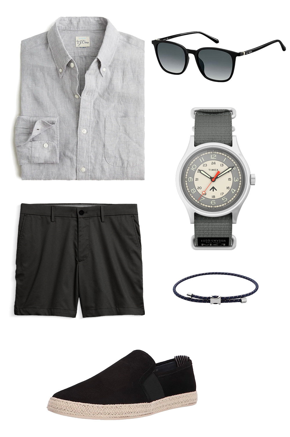 a graphic of assorted monochromatic outfit items including clothing and accessories