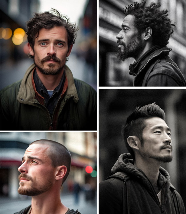 4 photos of different men with different types of patchy beards and facial hair