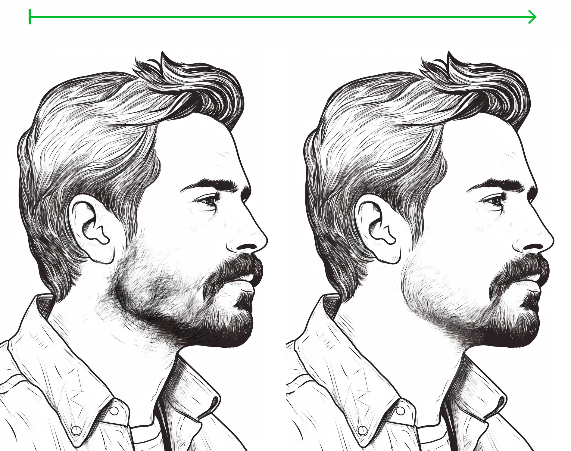 illustration of a patchy beard next to a trimed beard