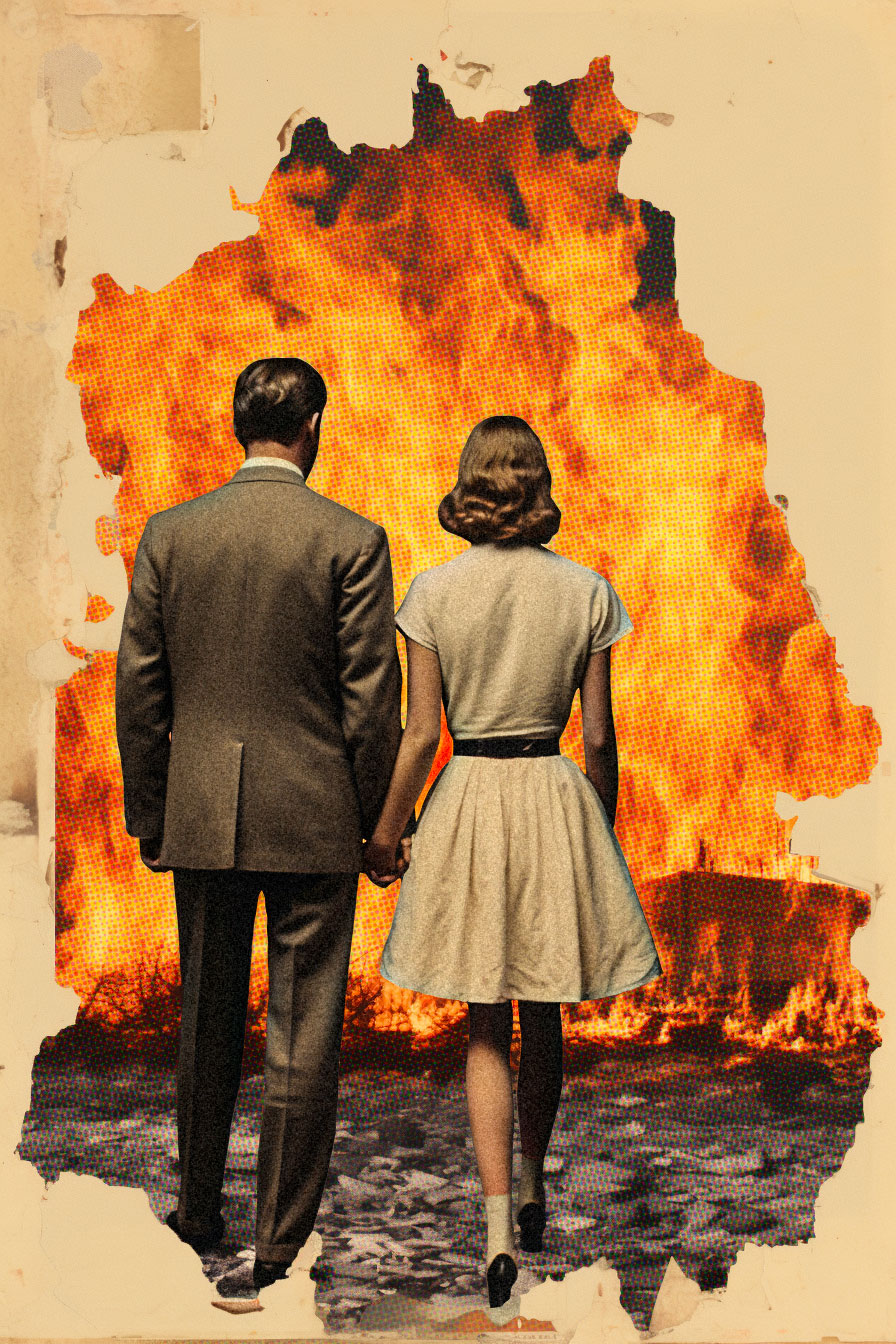 vintage photo of married couple looking at fire