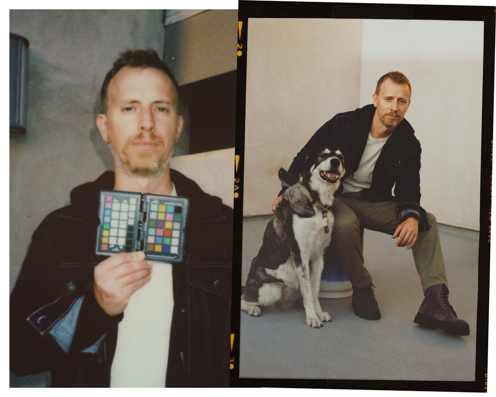 two film photographs, on the left a man holding a color checker, on the right him posing with his dog
