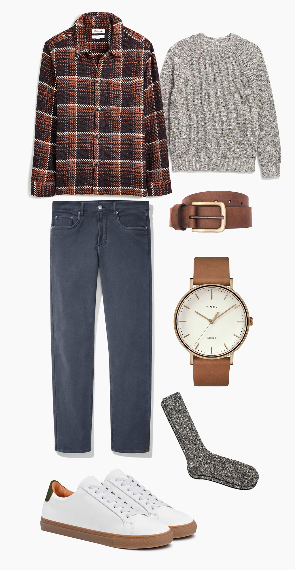 a collage of a men's casual fall outfit featuring a brown shirt jacket, gray sweater, brown belt and watch, blue pants, marled gray socks and white gum sole sneakers from Thursday