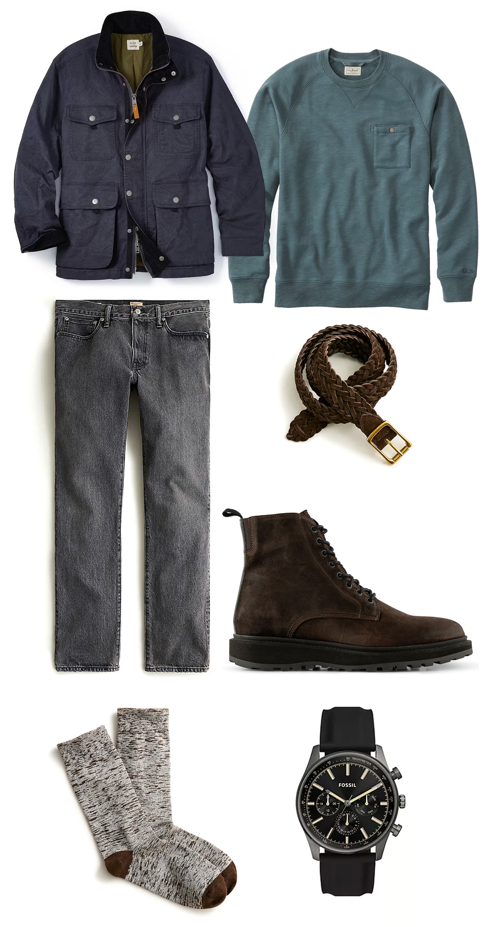 men's casual fall outfit with navy field jacket, teal sweatshirt, braided belt, suede boots, faded black jeans, black watch and gray socks