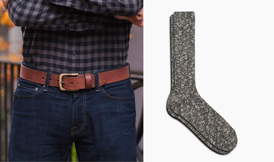 side by side images showing a man wearing the tan belt next to a product photo of the gray marled socks