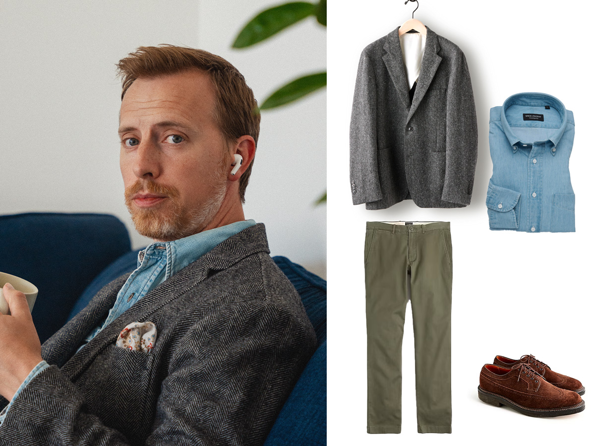 man wearing a sportcoat with denim shirt next to a collage of the same sportcoat denim shirt, olive chinos, and suede dress shoes