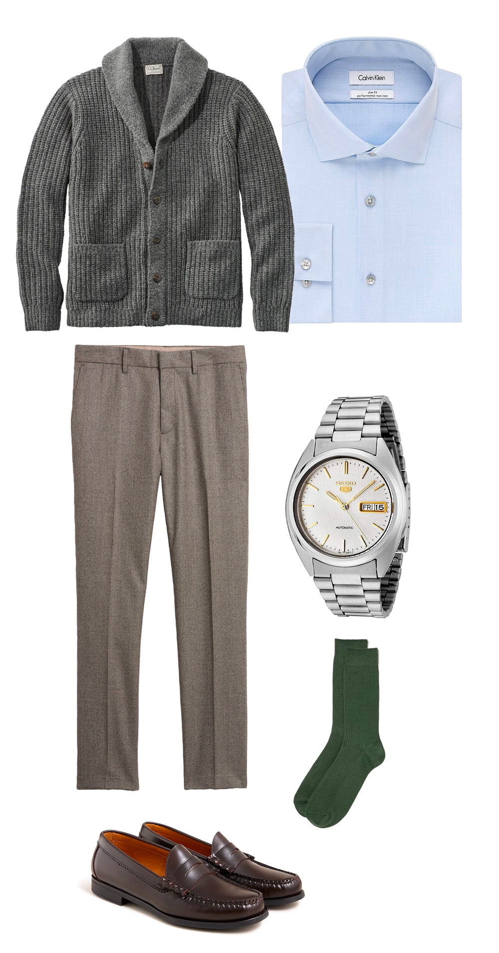 men's fall outfit - business casual featuring grey shawl collar cardigan, blue dress shirt, glen plaid tan trousers, a silver watch, green socks, and penny loafers