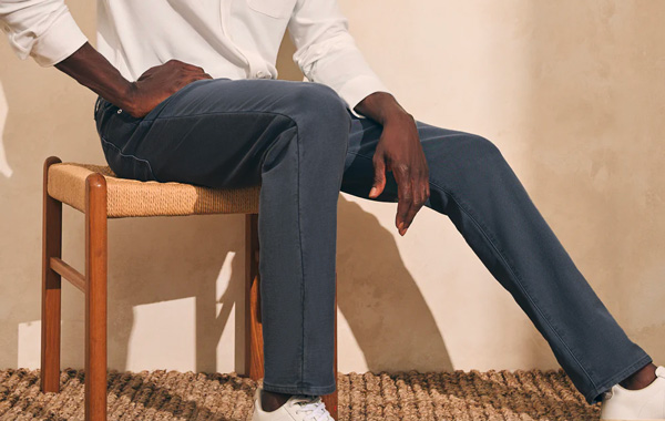 man wearing slate colored faherty french terry pants