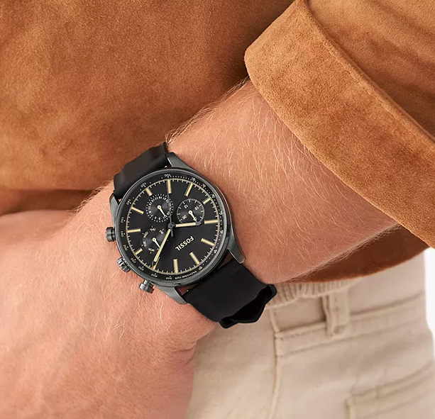 black on black fossil watch with gold indices
