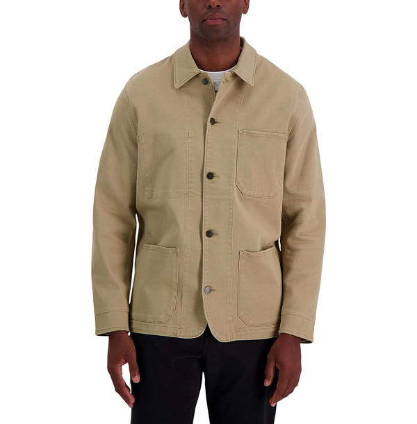 tan chore coat on model