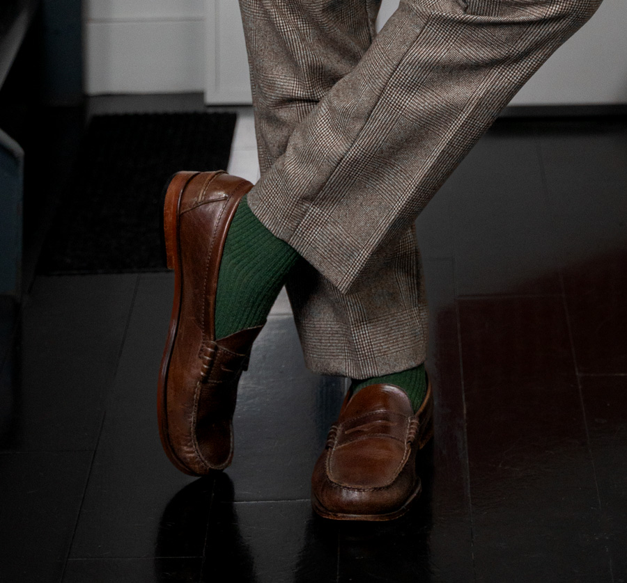 loafers with green socks