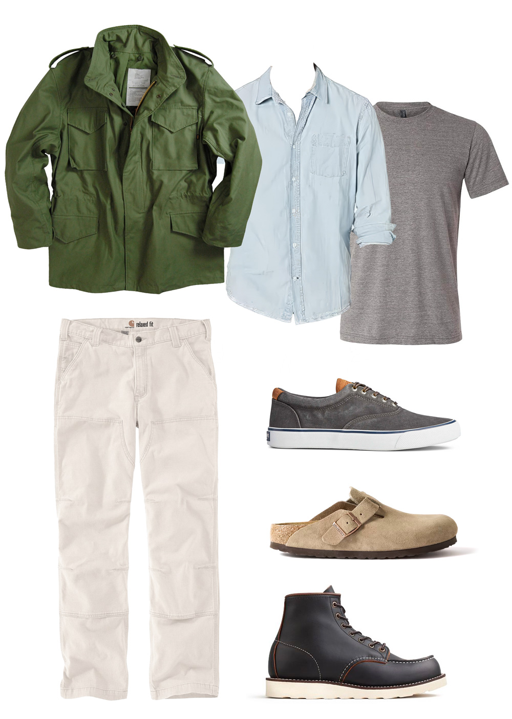 collage of men's fall outfit idea with m65 olive green jacket, blue chambray shirt, gray tshirt, white utility pants and option of sneakers, birkenstocks, or red wing boots