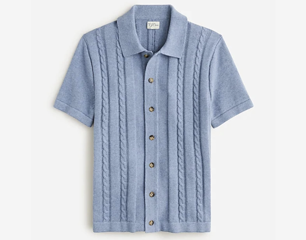 a baby blue short sleeve button front cardigan polo from J.Crew fall sale