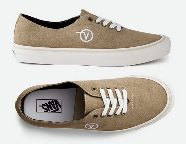 two angles of the tan suede vans low top sneaker