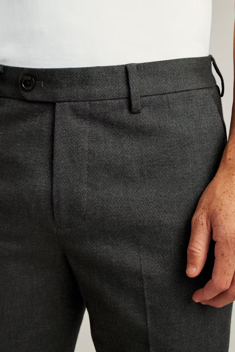 Close up of gray twill pants from Bonobos
