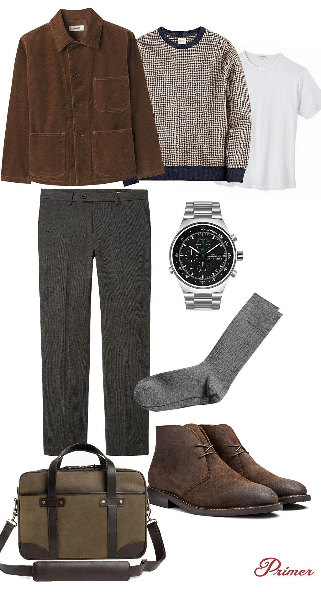 Men's fashion ensemble featuring a brown corduroy jacket, black and white houndstooth sweater, white t-shirt, dark grey trousers, stainless steel wristwatch, grey socks, brown suede ankle boots, and an olive green messenger bag with brown accents. The brand 'Primer' is displayed in the corner.