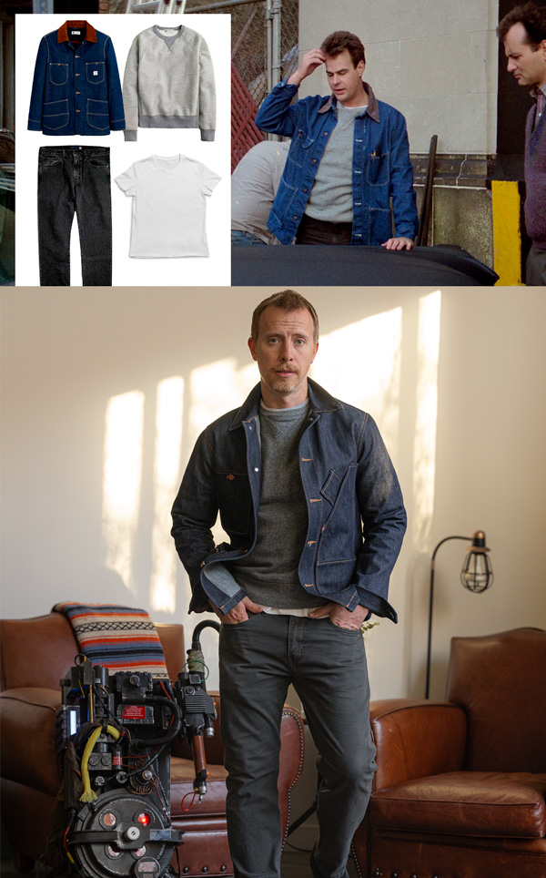 Two side-by-side comparisons showcasing Ghostbusters-inspired fashion. On the left, individual clothing items are displayed: a blue denim jacket, a gray sweater, black jeans, and a white t-shirt. On the right, the top image features a young Ray Stantz in a blue denim jacket and gray sweater. Below that, a man wearing a recreating of the same outfit stands confidently in a room, wearing a blue denim jacket over a gray sweater, paired with gray trousers, with Ghostbusters equipment beside him.