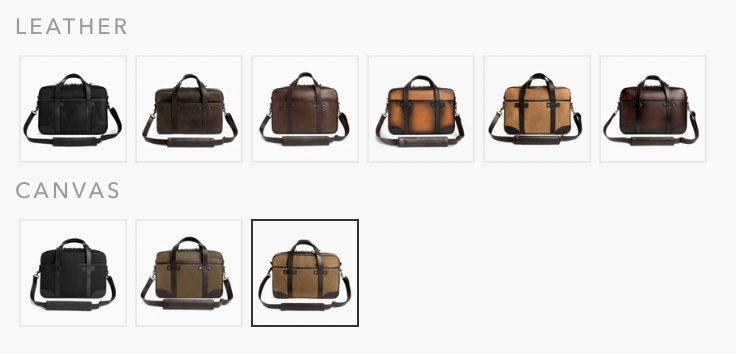 An array of bags separated into two categories. Top row: LEATHER with five different styles of leather bags in varying shades of brown and black. Bottom row: CANVAS with three different styles of canvas bags in black and beige, with the middle bag highlighted by a box