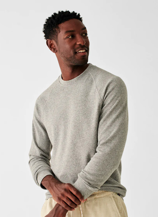 gray faherty sweater on model