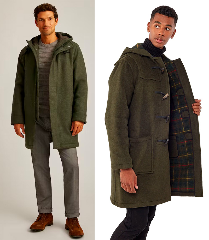 Side-by-side images of two men wearing green duffel coats. On the left, a man in a green coat with a hood, layered over a striped sweater, paired with gray trousers and brown shoes. On the right, a close-up of a man in a similar green coat, showcasing toggle fastenings and a plaid interior lining, with a focus on the coat's texture and details.