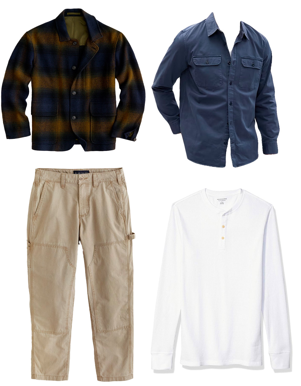 Four separate clothing pieces arranged on a white background: a dark blue and brown plaid wool jacket with buttons; a long-sleeved navy blue utility shirt with front pockets; beige utility pants with side pockets; and a white long-sleeved henley shirt.