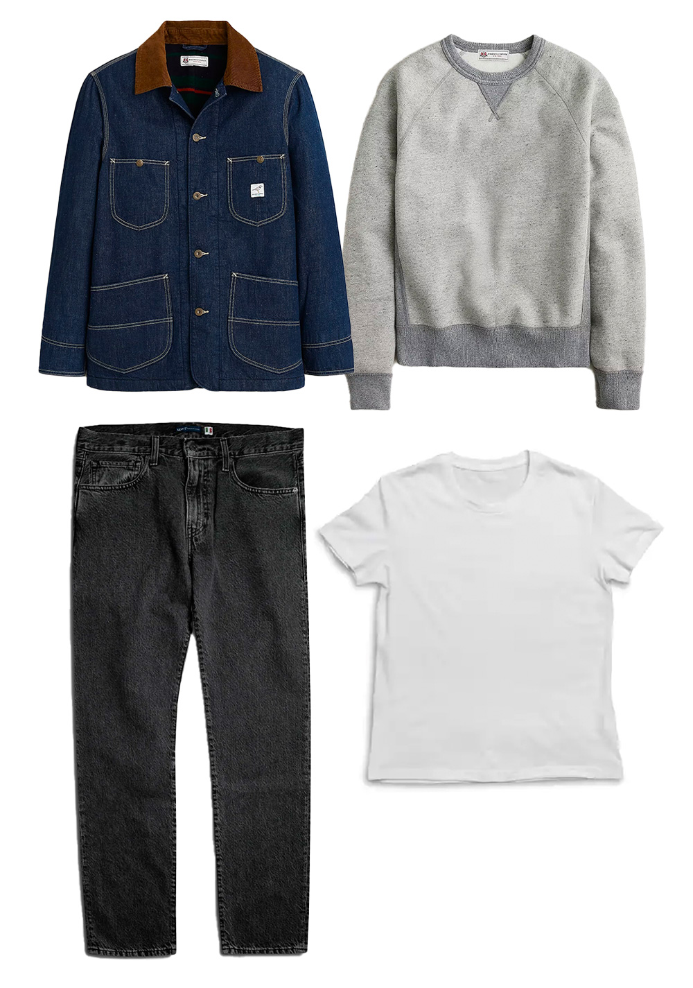Four clothing items: a blue denim jacket with brown collar, a gray sweatshirt, dark gray jeans, and a white t-shirt