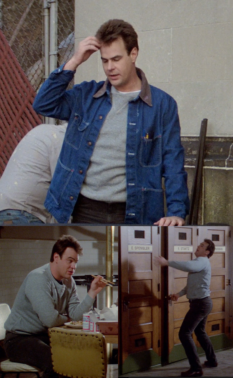 Three images of a Ray Stantz: In the top image, he's outdoors wearing a blue denim jacket, and gray sweatshirt scratching his head. In the bottom left image, he sits at a table eating. In the bottom right image, he's indoors reaching for a labeled locker.