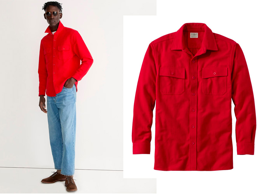 two product photos of red flannels, left from J.crew worn by a model, and right by LLBean on a white background