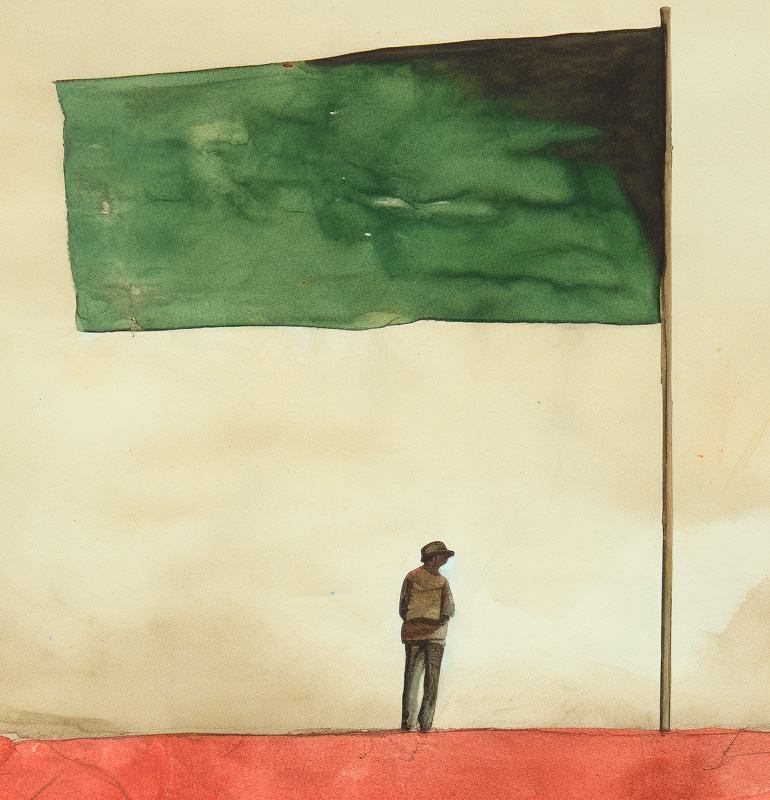 painting of a man under a green flag - relationship green flags
