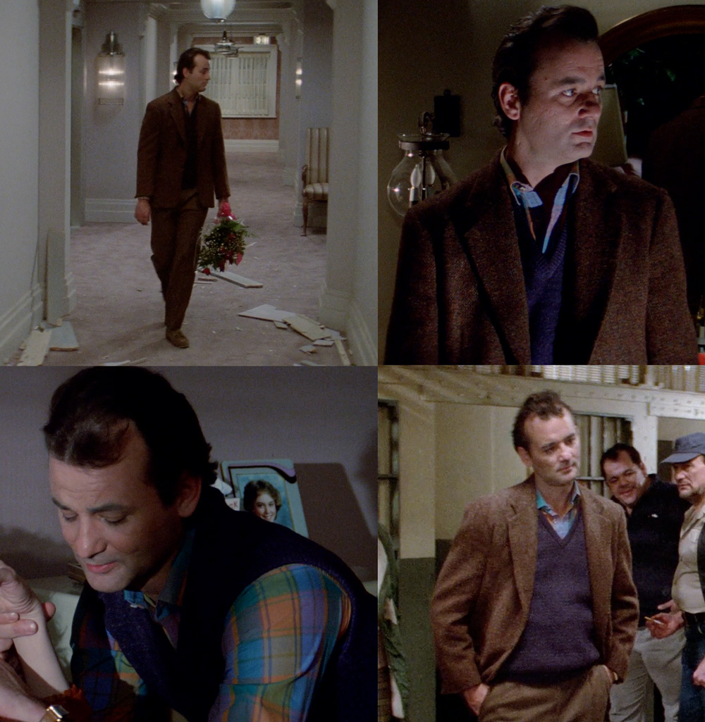 A collage of Peter Venkman in four film scenes: In a brown suit walks in an old hallway holding a bouquet of flowers. A close-up reveals him wearing a textured brown coat with hints of a colorful shirt beneath. Another close view showcases his thoughtful expression with a colorful plaid shirt. In the final scene, he stands in a vintage room wearing the brown coat and colorful shirt, with several people observing him in the background.